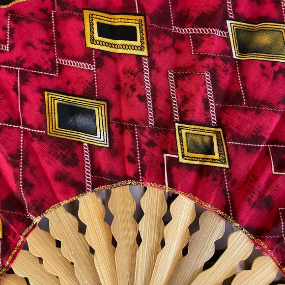 Unique Red Black and Yellow Diamond Shape Cotton Fabric Handmade Fan w/ Handle - Picture 4 of 5